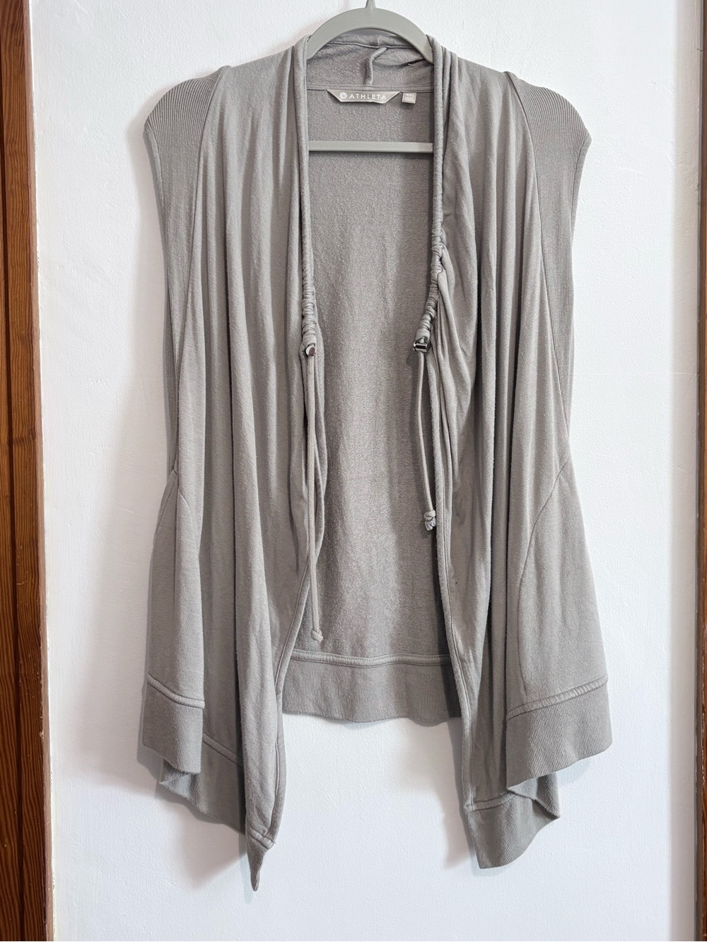 Athleta Light Gray Draped Open-Front Cardigan Vest with Drawstring